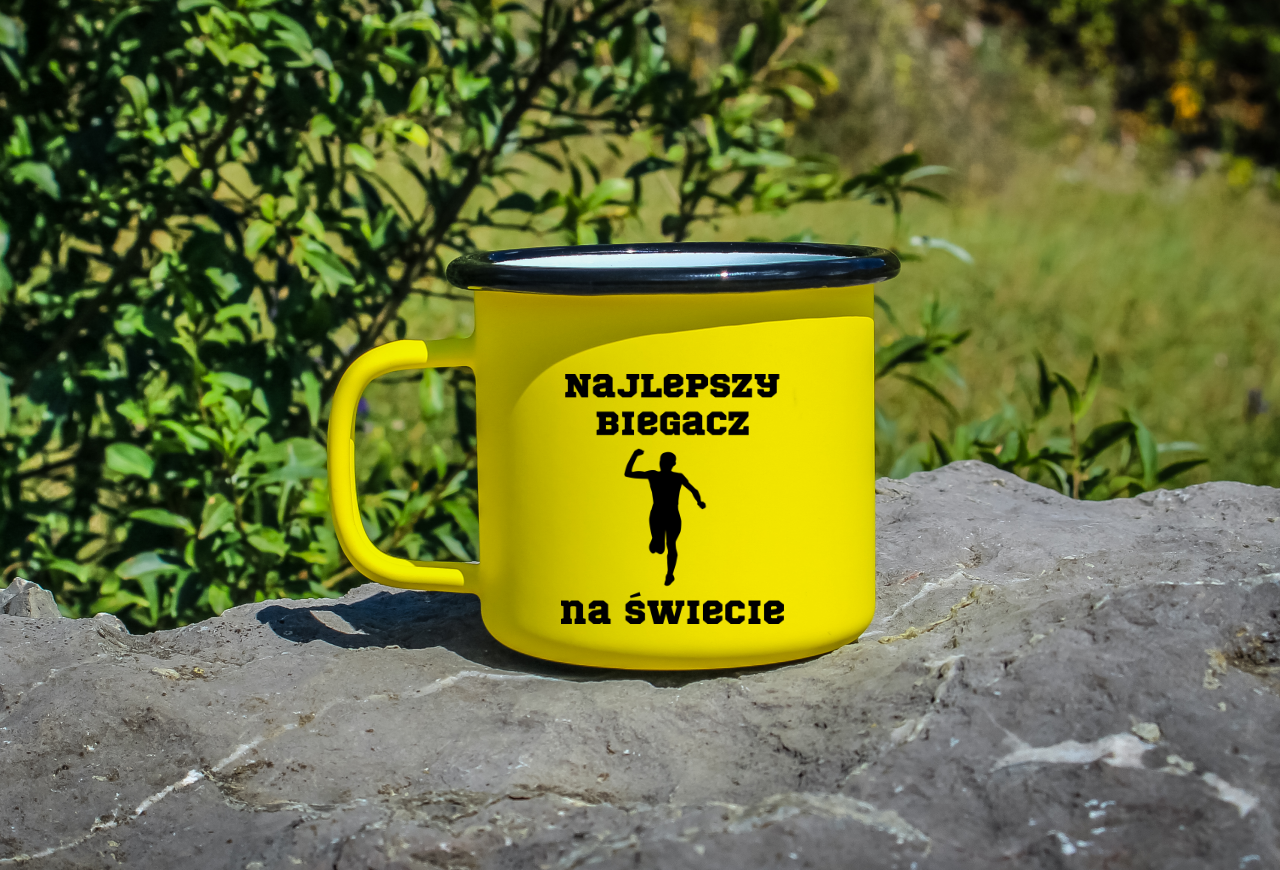 Kubek emaliowany żółty z nadrukiem "Najlepszy biegacz na świecie" #1