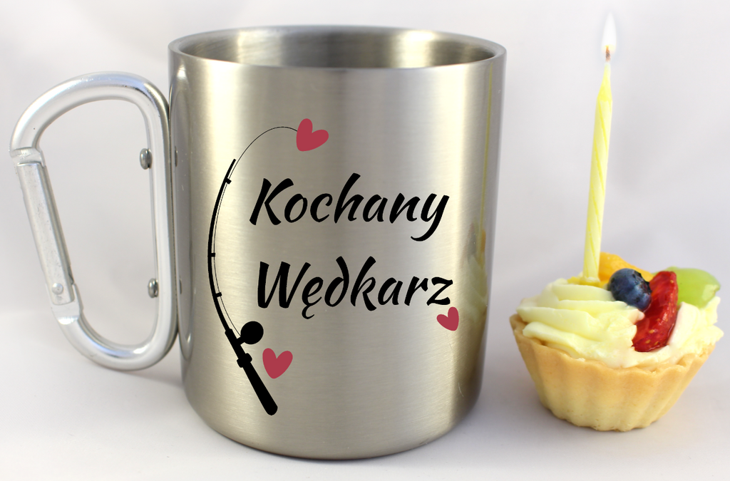 Kubek ze srebrnym karabińczykiem i nadrukiem "Kochany Wędkarz" #2