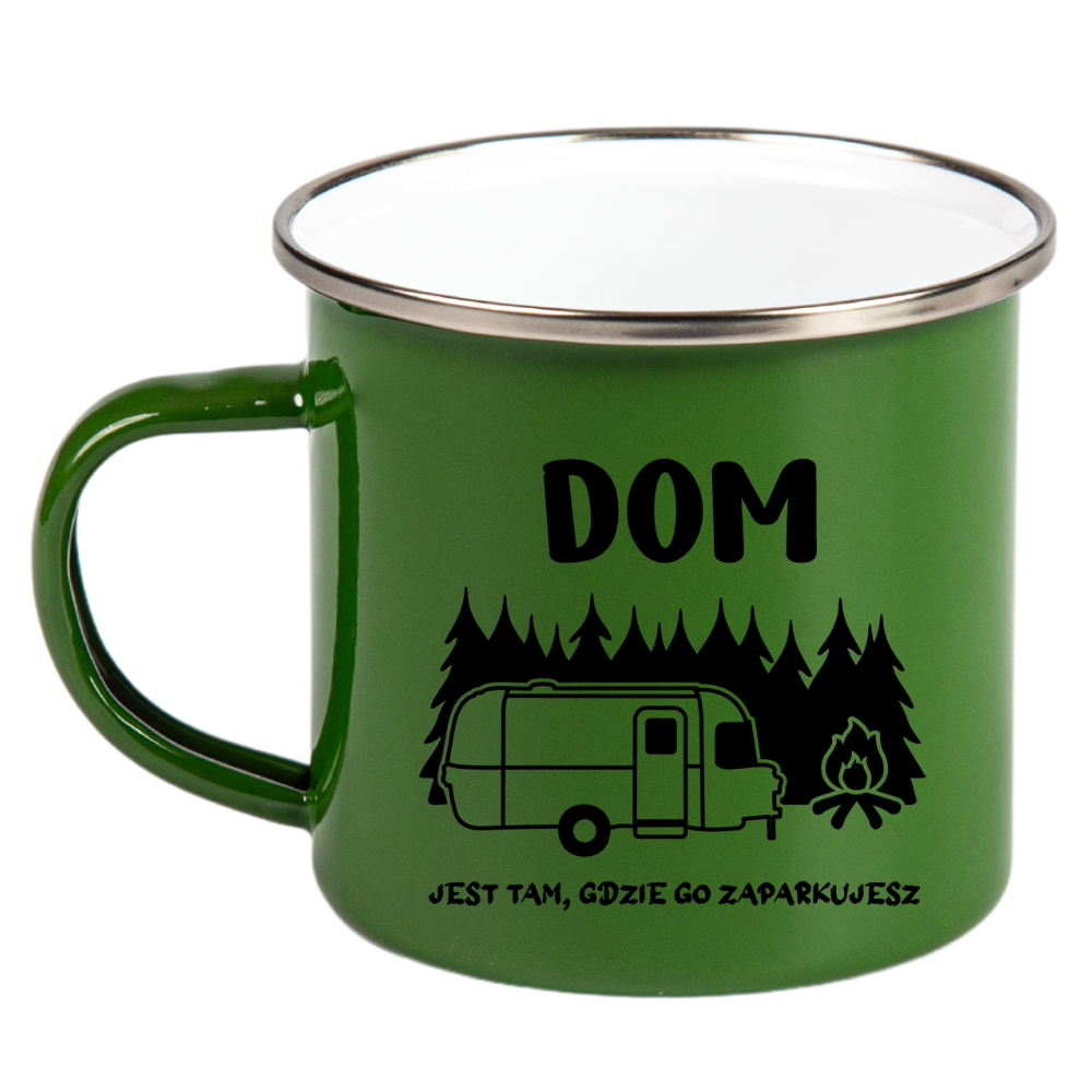 Kubek emaliowany zielony z nadrukiem "Dom jest tam, gdzie go zaparkujesz" – camping #6