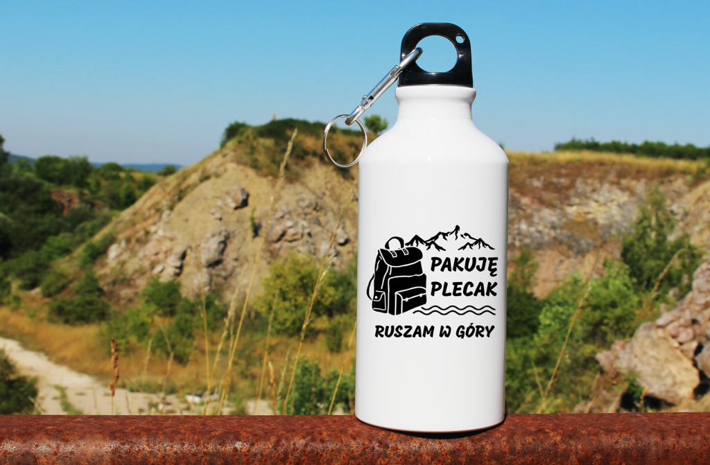 Butelka białą 400 ml z nadrukiem "Pakuję plecak, ruszam w góry" #2