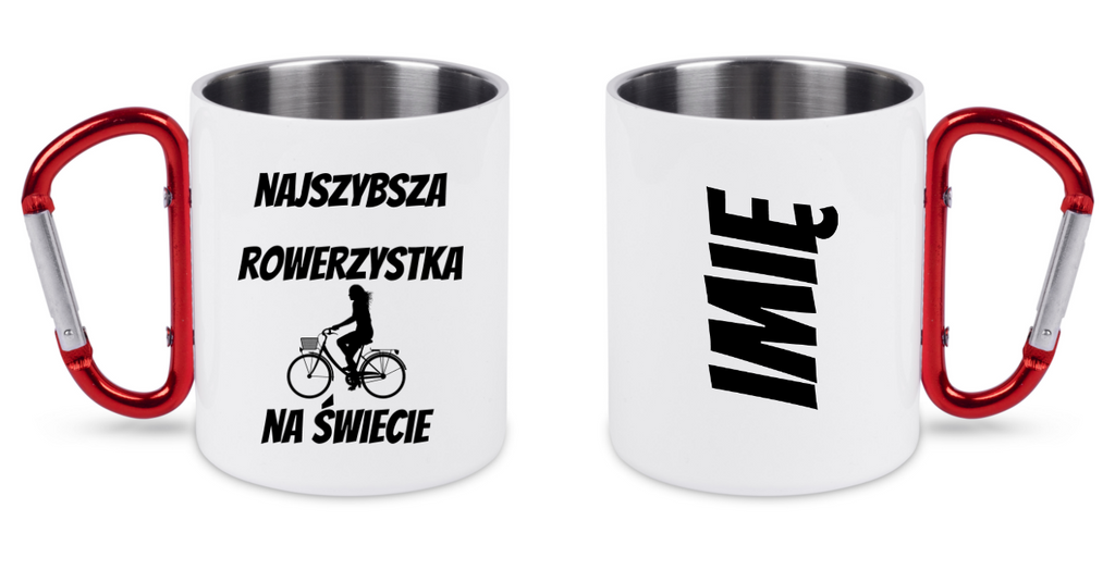 Kubek biały z czerwonym karabińczykiem i nadrukiem „Najszybsza rowerzystka na świecie” – dla rowerzystki #8