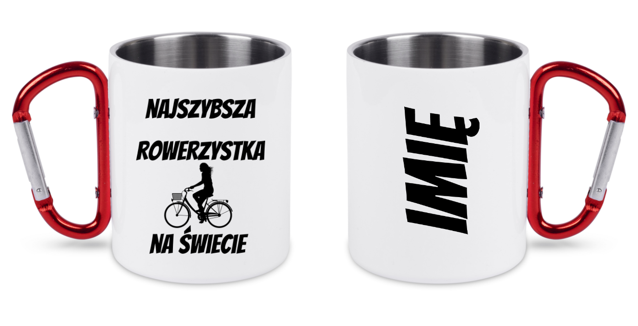 Kubek biały z czerwonym karabińczykiem i nadrukiem „Najszybsza rowerzystka na świecie” – dla rowerzystki #8
