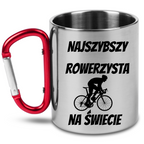 Kubek z czerwonym karabińczykiem i nadrukiem „Najszybszy rowerzysta na świecie” – dla rowerzysty #12