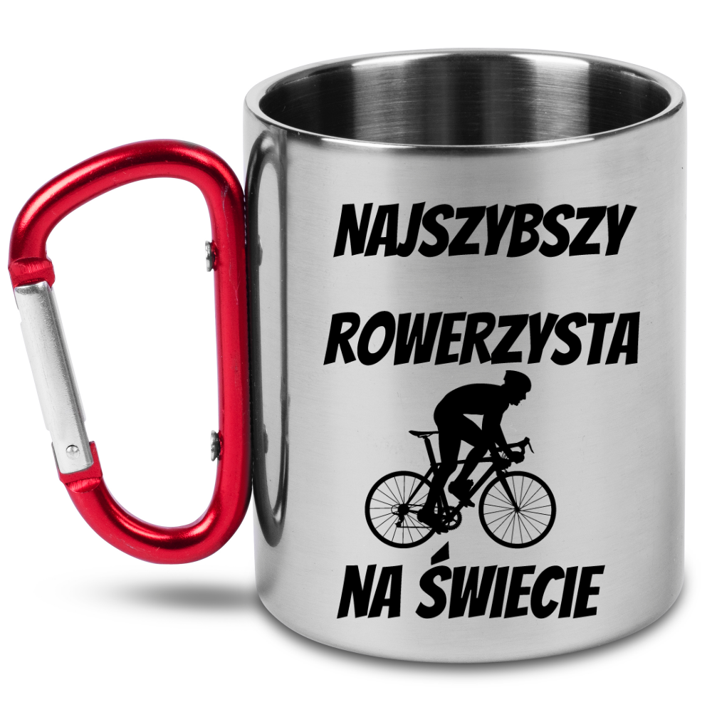 Kubek z czerwonym karabińczykiem i nadrukiem „Najszybszy rowerzysta na świecie” – dla rowerzysty #12