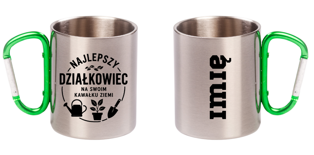 Kubek z zielonym karabińczykiem z nadrukiem „Najlepszy działkowiec na swoim kawałku ziemi” – działka, ogród #5