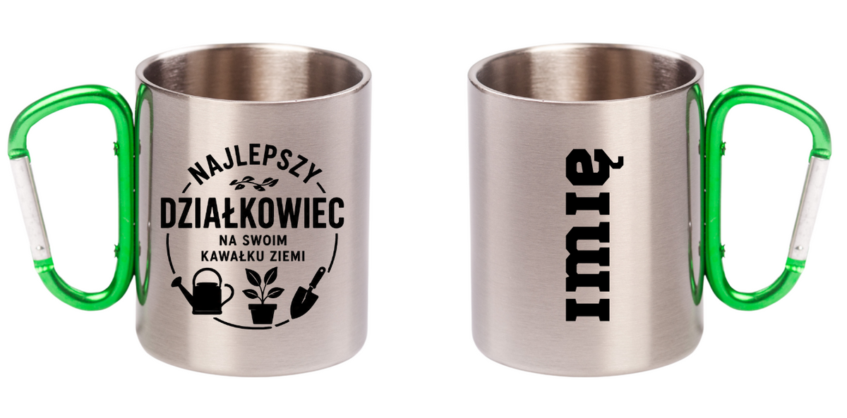 Kubek z zielonym karabińczykiem z nadrukiem „Najlepszy działkowiec na swoim kawałku ziemi” – działka, ogród #5