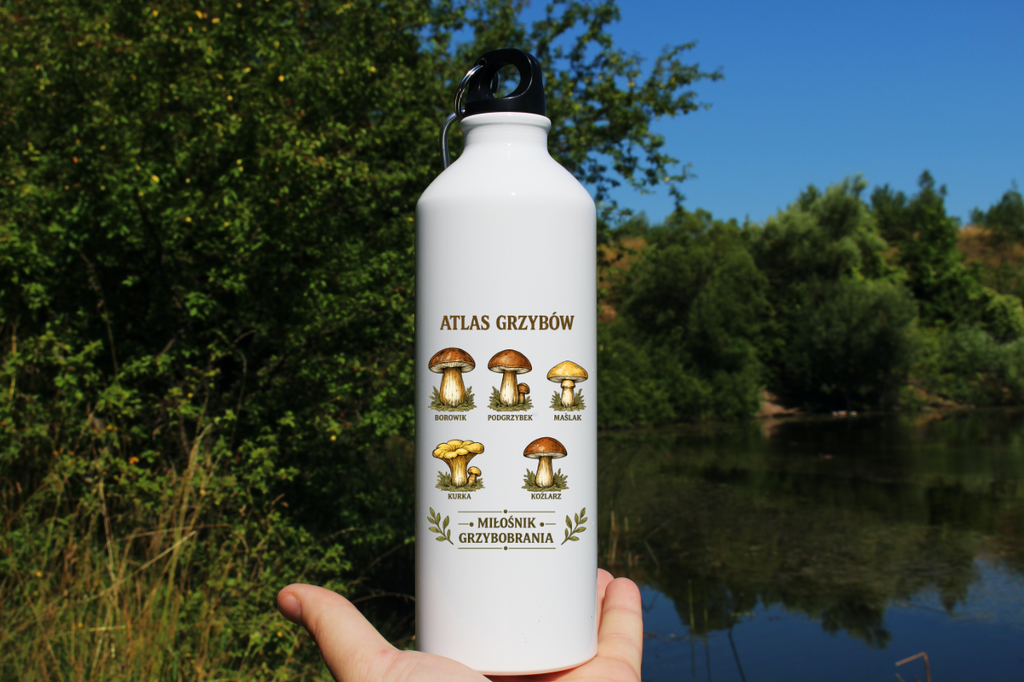Butelka biała 800 ml z nadrukiem „Atlas Grzybów” – na grzyby, do lasu #7