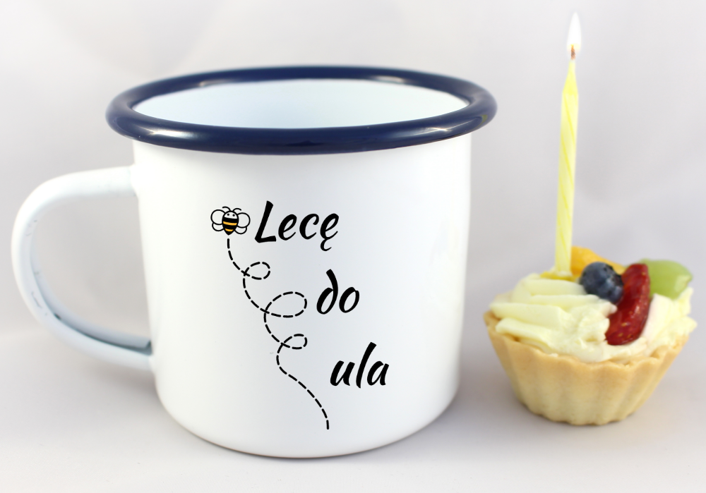 Kubek emaliowany biały z nadrukiem „Lecę do pasieki” – pszczelarstwo #7