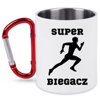 Kubek biały z czerwonym karabińczykiem z nadrukiem "Super Biegacz" – bieganie #7