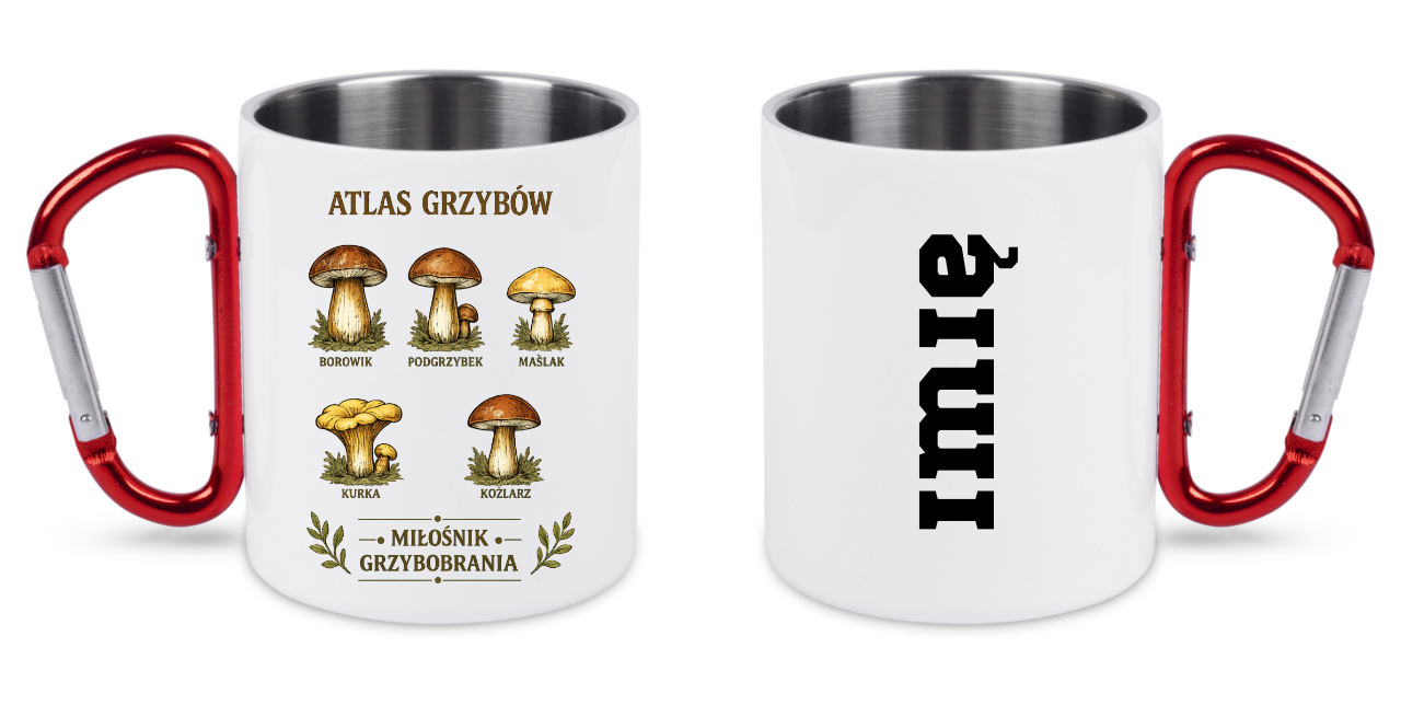 Kubek biały z czerwonym karabińczykiem „Atlas Grzybów” – na grzyby #7