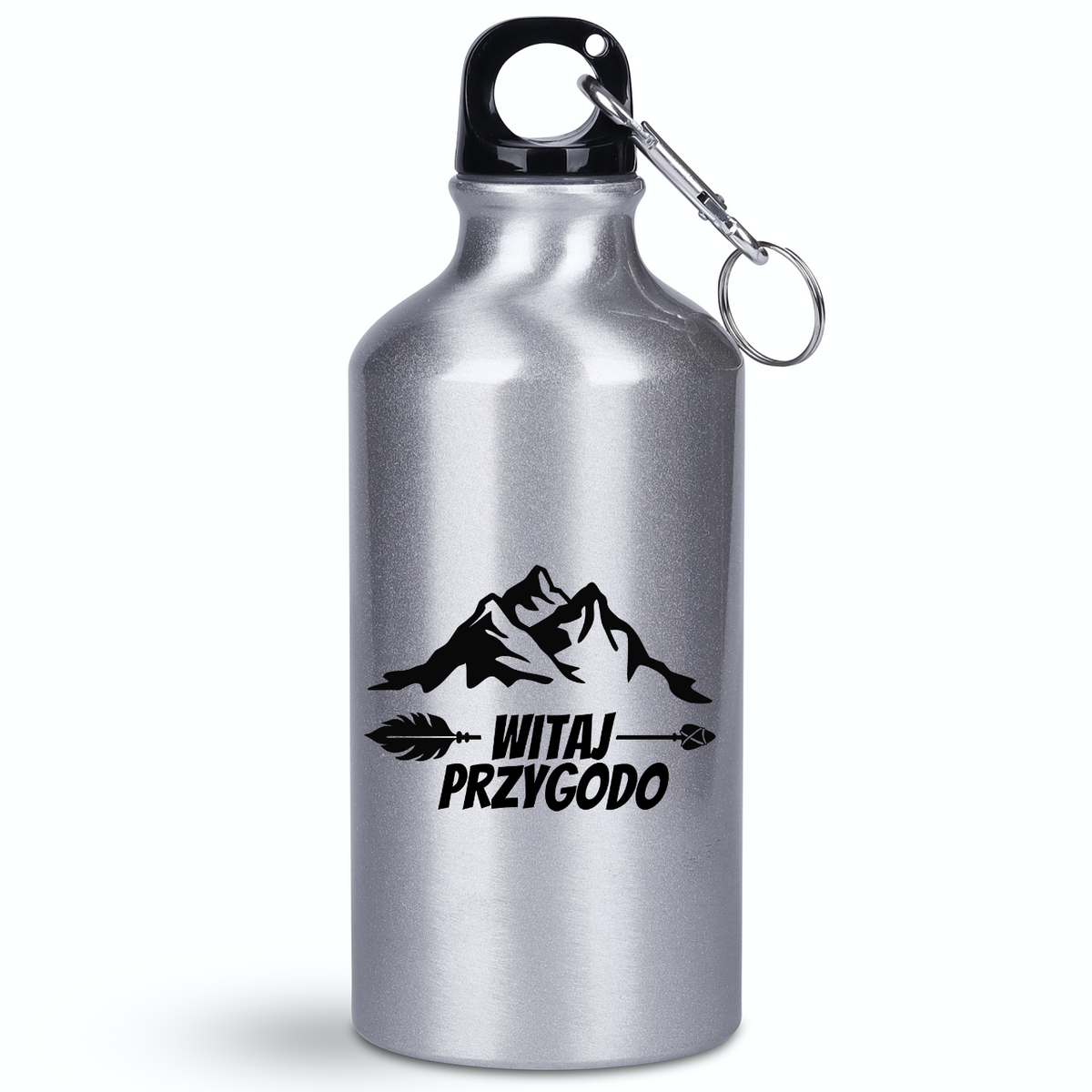 Butelka srebrna 400 ml z nadrukiem „Witaj przygodo” – przygoda, podróż #11