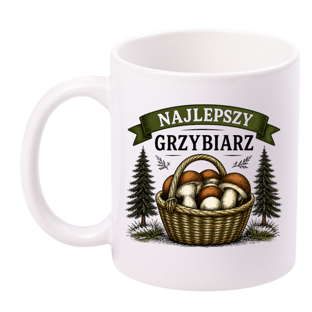 Kubek biały z nadrukiem „Najlepszy Grzybiarz” z imieniem do wyboru – grzyby #5
