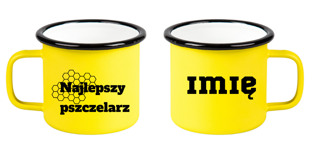 Kubek emaliowany żółty z napisem „Najlepszy Pszczelarz” – pszczelarstwo #4