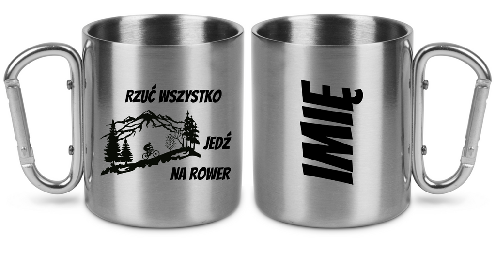Kubek ze srebrnym karabińczykiem z nadrukiem „Rzuć wszystko, jedź na rower” – dla rowerzystów #3
