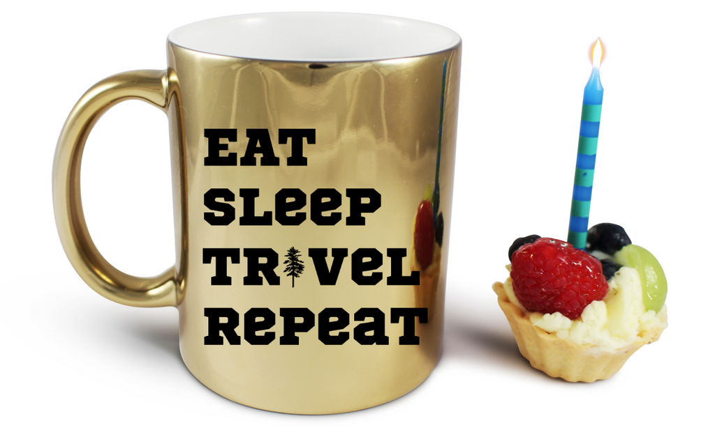 Kubek złoty z nadrukiem „Eat Sleep Travel Repeat” – podróż, przygoda #5
