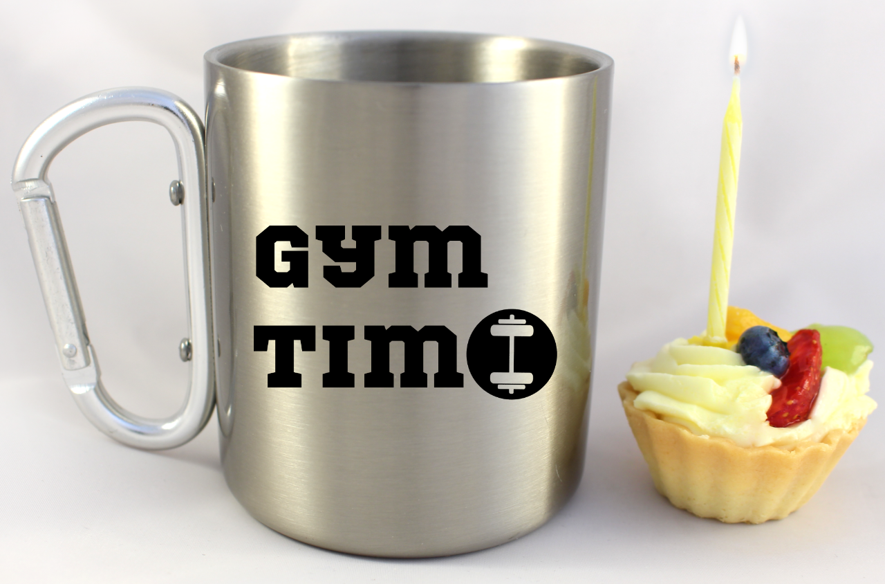 Kubek metalowy srebrny karabińczyk z nadrukiem "Gym Time" - na siłownię #1