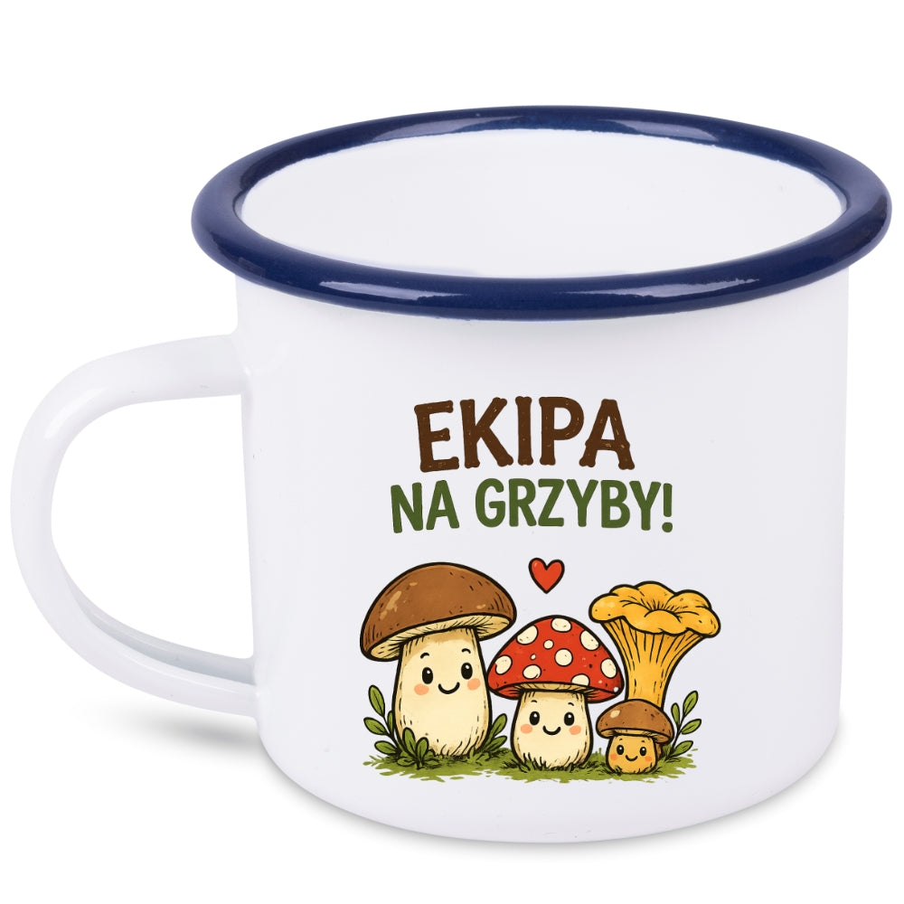 Kubek emaliowany biały z nadrukiem „Ekipa na grzyby!” i grafikami grzybów #11