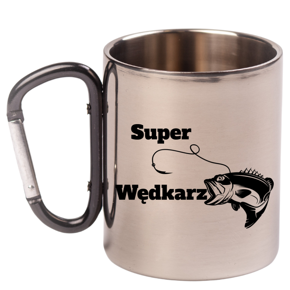 Kubek metalowy 300 ml z czarnym karabińczykiem i nadrukiem "Super Wędkarz" #5