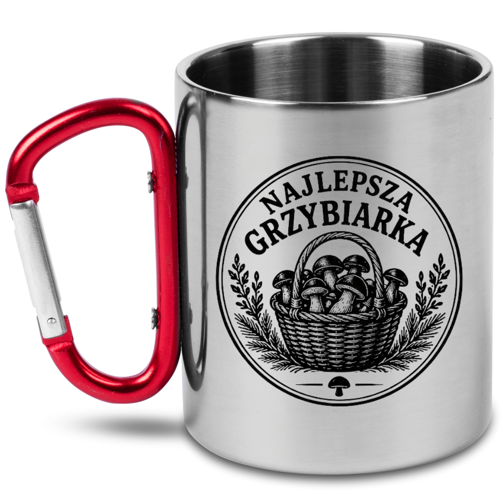 Kubek czerwony karabińczyk z nadrukiem „Najlepsza Grzybiarka” – na grzybobranie #1