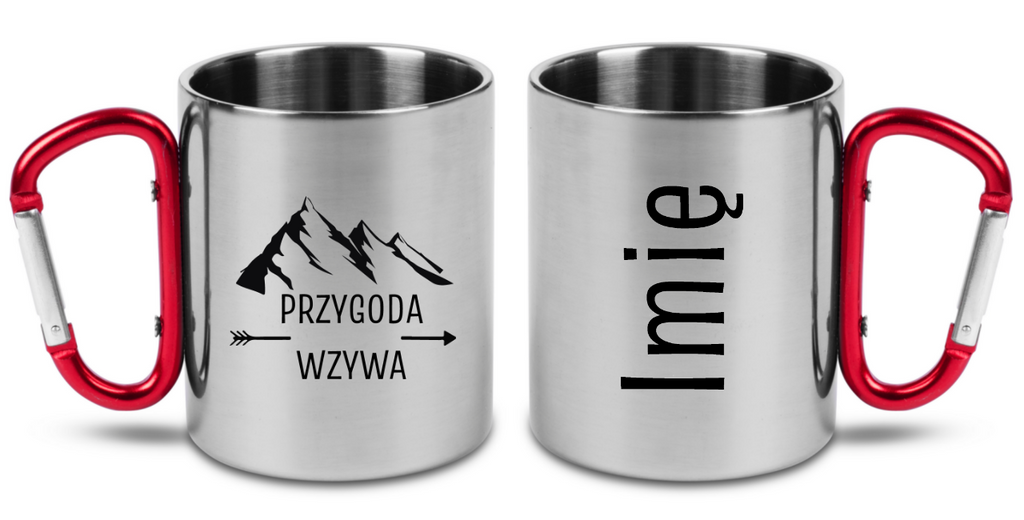 Kubek z czerwonym karabińczykiem i nadrukiem "Przygoda wzywa" - trekking, podróż #1
