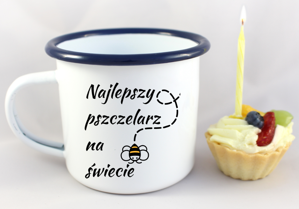 Kubek emaliowany biały z nadrukiem „Najlepszy pszczelarz na świecie” – pszczelarstwo #5