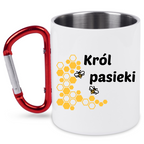 Kubek biały 300 ml z czerwonym karabińczykiem i nadrukiem „Król pasieki” – pszczelarstwo #10