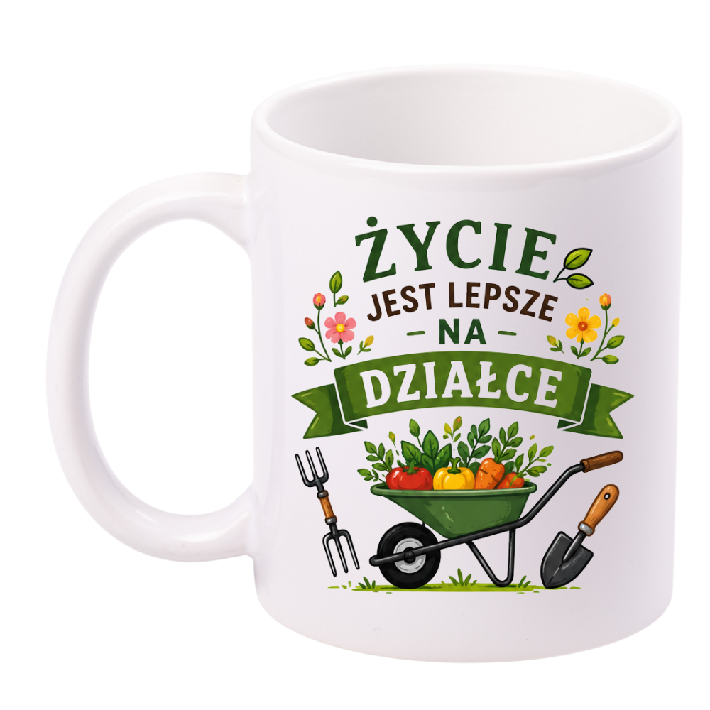 Kubek biały z nadrukiem „Życie jest lepsze na działce” – ogród, działka #3