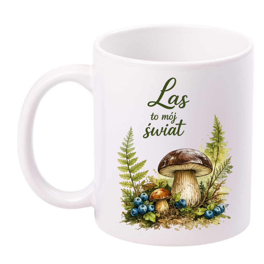 Kubek biały z nadrukiem „Las to mój świat” – grzyby, las #9