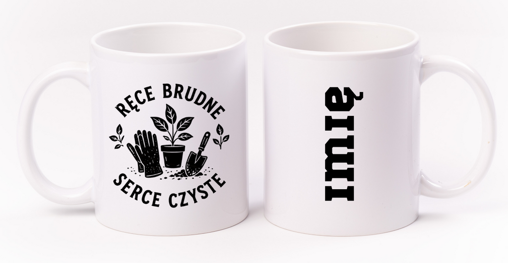 Kubek biały z nadrukiem „Ręce brudne, serce czyste” – ogród, działka #7