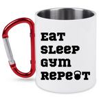 Kubek biały z czerwonym karabińczykiem i nadrukiem "Eat Sleep Gym Repeat" – na siłownię #6