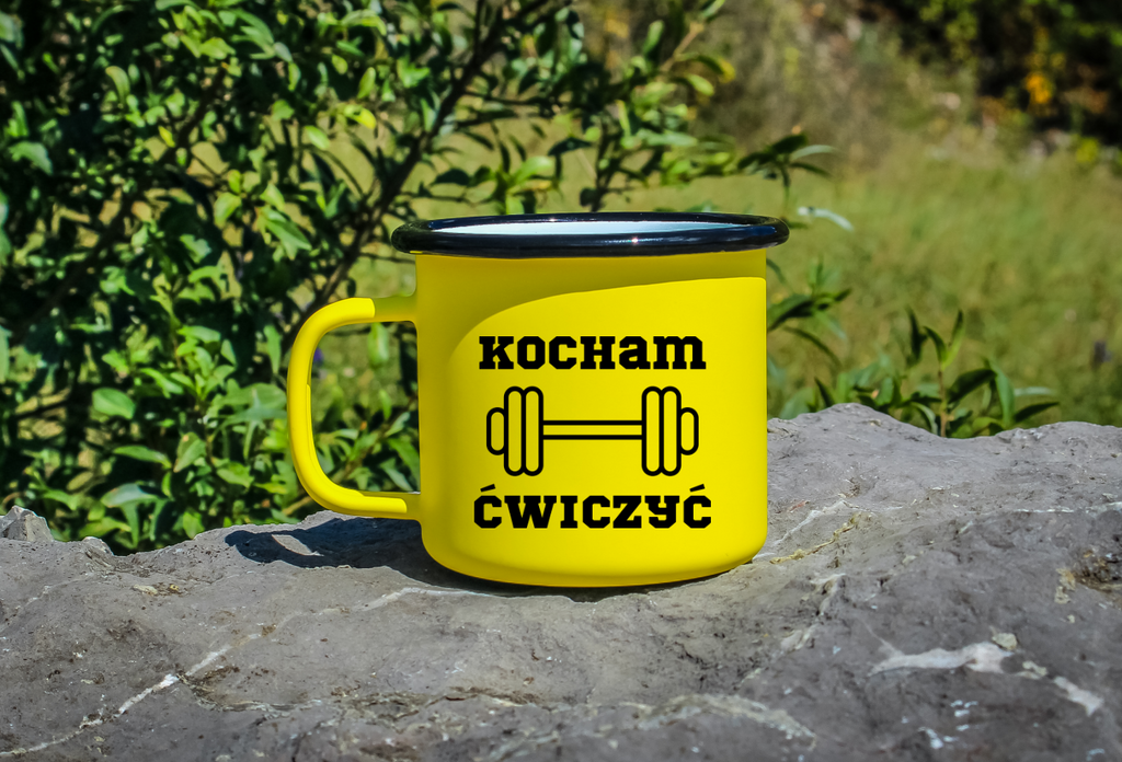 Kubek emaliowany żółty z nadrukiem „Kocham Ćwiczyć” – na siłownię #2