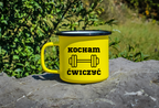Kubek emaliowany żółty z nadrukiem „Kocham Ćwiczyć” – na siłownię #2