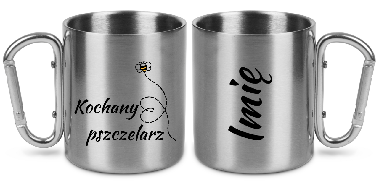 Kubek metalowy ze srebrnym karabińczykiem z nadrukiem „Kochany pszczelarz” – pszczelarstwo #6