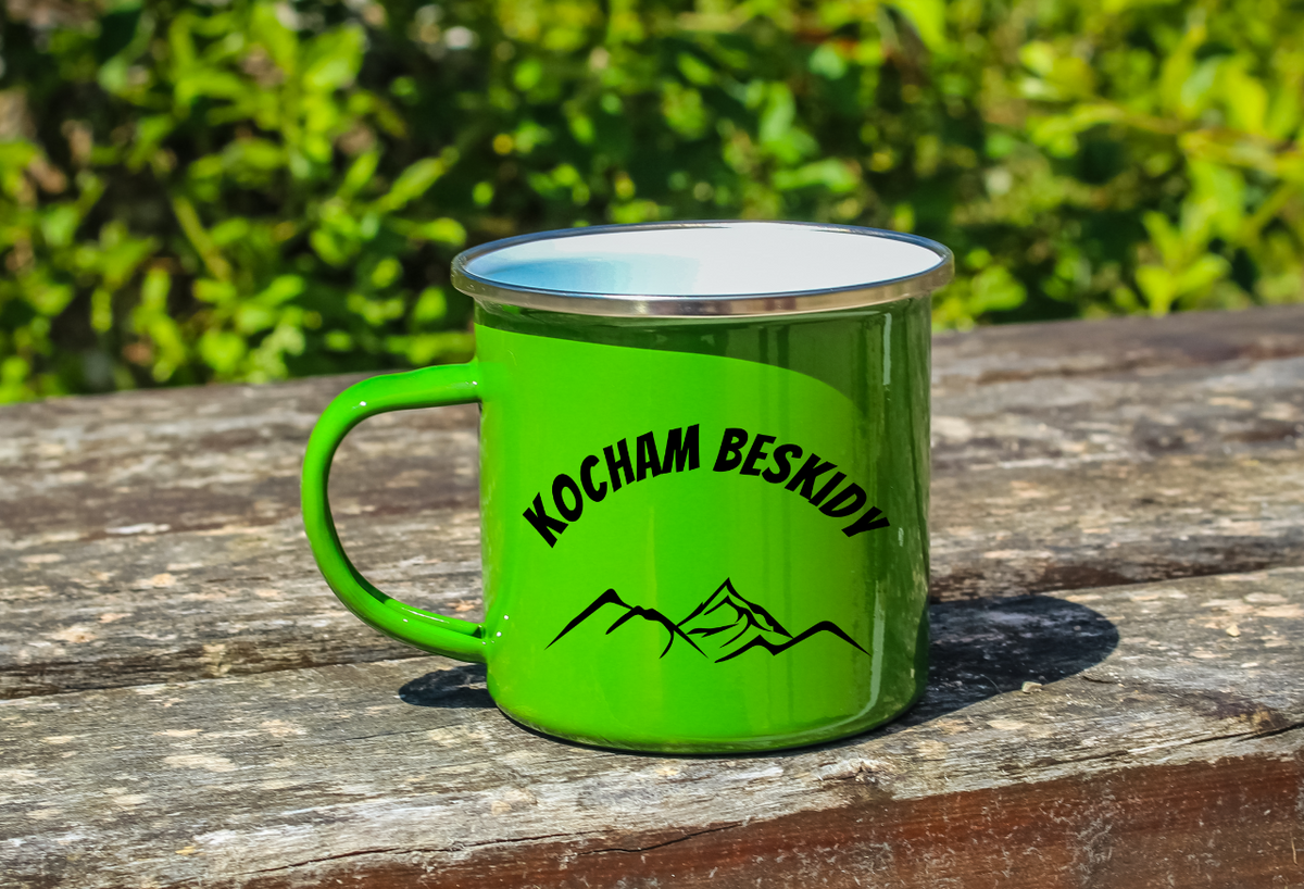 Kubek emaliowany zielony z nadrukiem "Kocham Beskidy" - góry #1