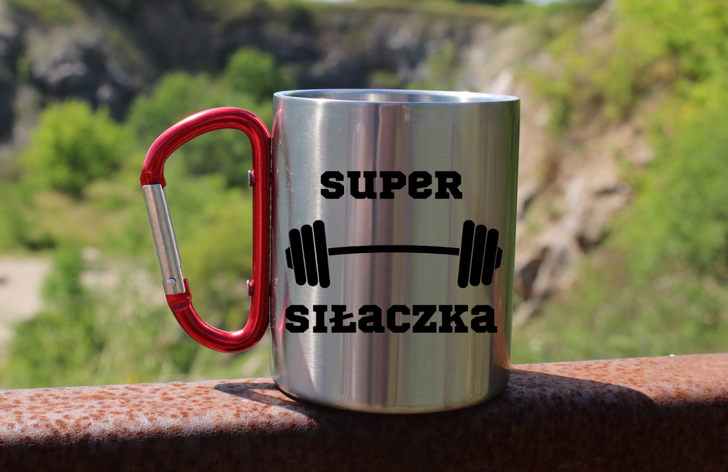 Kubek z czerwonym karabińczykiem i nadrukiem „Super Siłaczka” – na siłownię #2