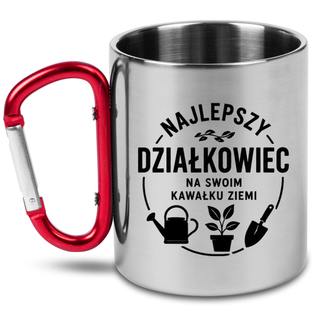 Kubek z czerwonym karabińczykiem „Najlepszy działkowiec na swoim kawałku ziemi” – do ogrodu #5