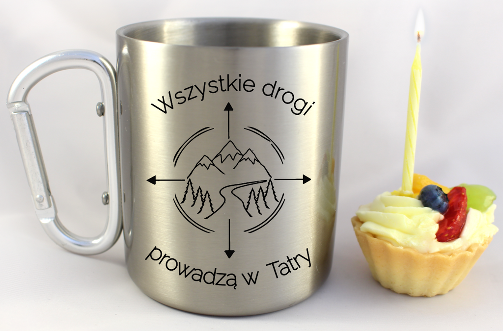 Kubek ze srebrnym karabińczykiem z nadrukiem „Wszystkie drogi prowadzą w Tatry” – góry, trekking #6