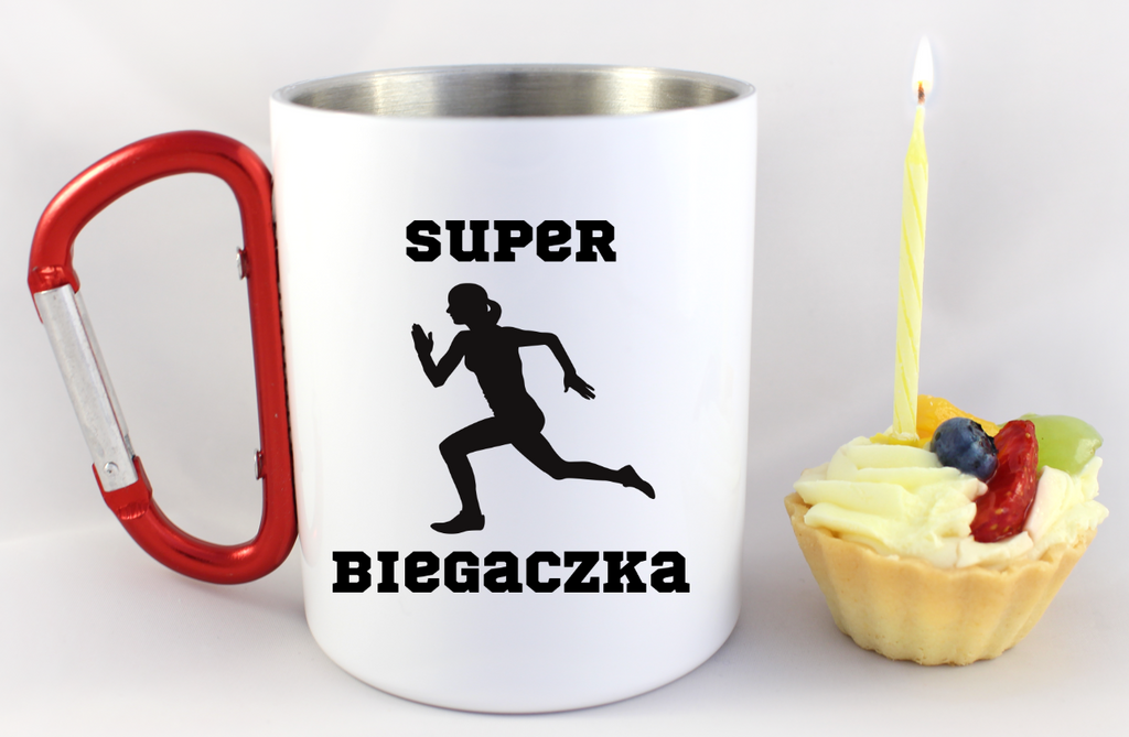 Kubek biały z czerwonym karabińczykiem z nadrukiem "Super Biegaczka" – bieganie #8