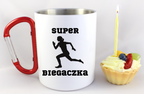 Kubek biały z czerwonym karabińczykiem z nadrukiem "Super Biegaczka" – bieganie #8