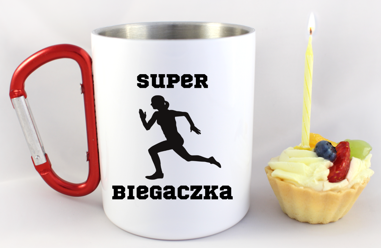 Kubek biały z czerwonym karabińczykiem z nadrukiem "Super Biegaczka" – bieganie #8