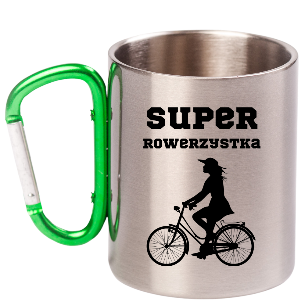 Kubek z zielonym karabińczykiem nadruk "Super Rowerzystka" – rower #7
