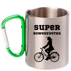 Kubek z zielonym karabińczykiem nadruk "Super Rowerzystka" – rower #7