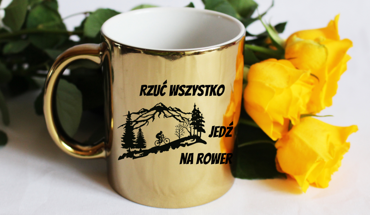 Kubek złoty z nadrukiem „Rzuć wszystko, jedź na rower” – dla rowerzystów #2