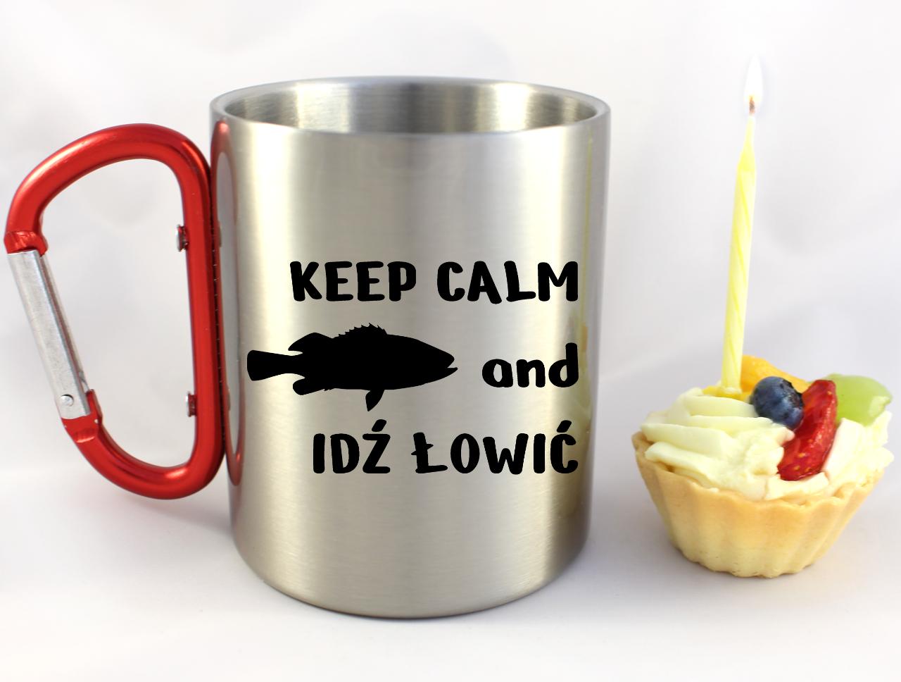 Kubek z czerwonym karabińczykiem i nadrukiem "KEEP CALM and IDŹ ŁOWIĆ" - wędkarstwo #6