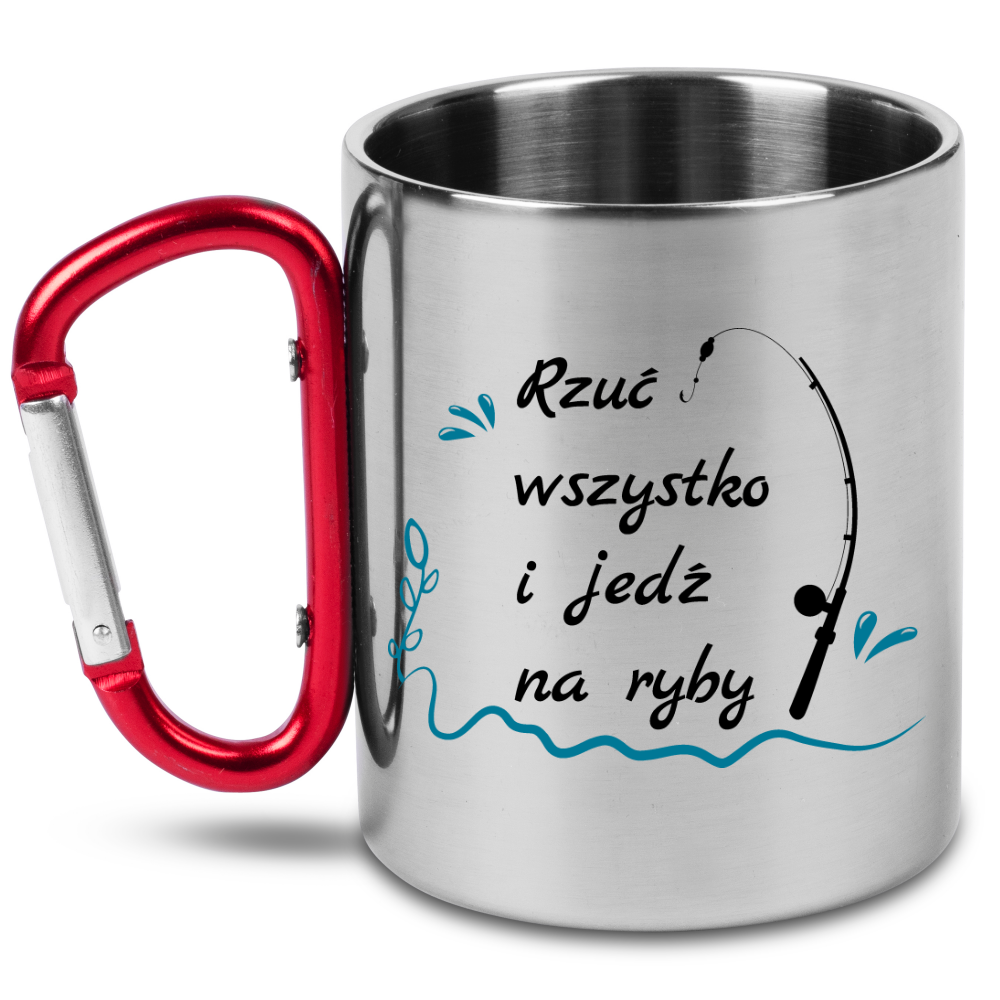 Kubek z czerwonym karabińczykiem i nadrukiem "Rzuć wszystko i jedź na ryby" - wędkarstwo #5