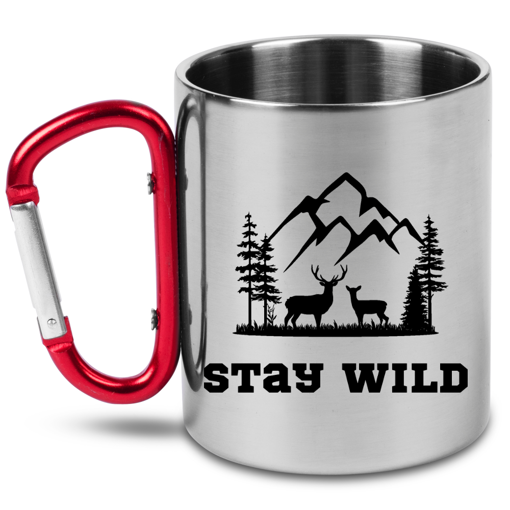 Kubek z czerwonym karabińczykiem i nadrukiem „Stay Wild” – trekking, przyroda #8