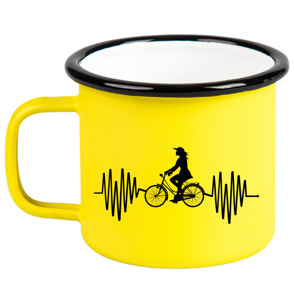 Kubek emaliowany żółty z grafiką rowerowe EKG, linia życia - dla rowerzystki #3