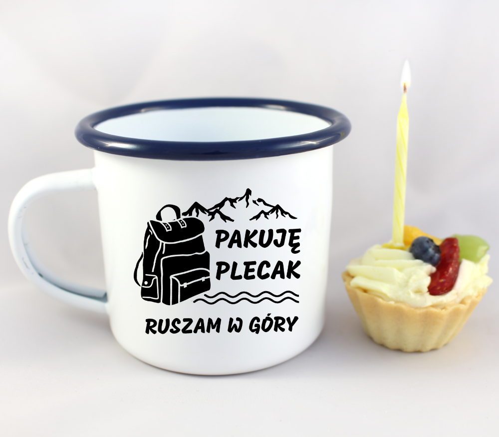 Kubek emaliowany biały z nadrukiem "Pakuję plecak, ruszam w góry#  #2
