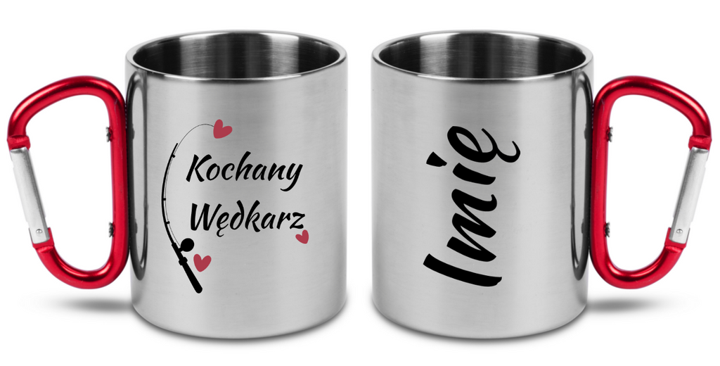 Kubek z czerwonym karabińczykiem i nadrukiem "Kochany Wędkarz" - wędkarstwo #2