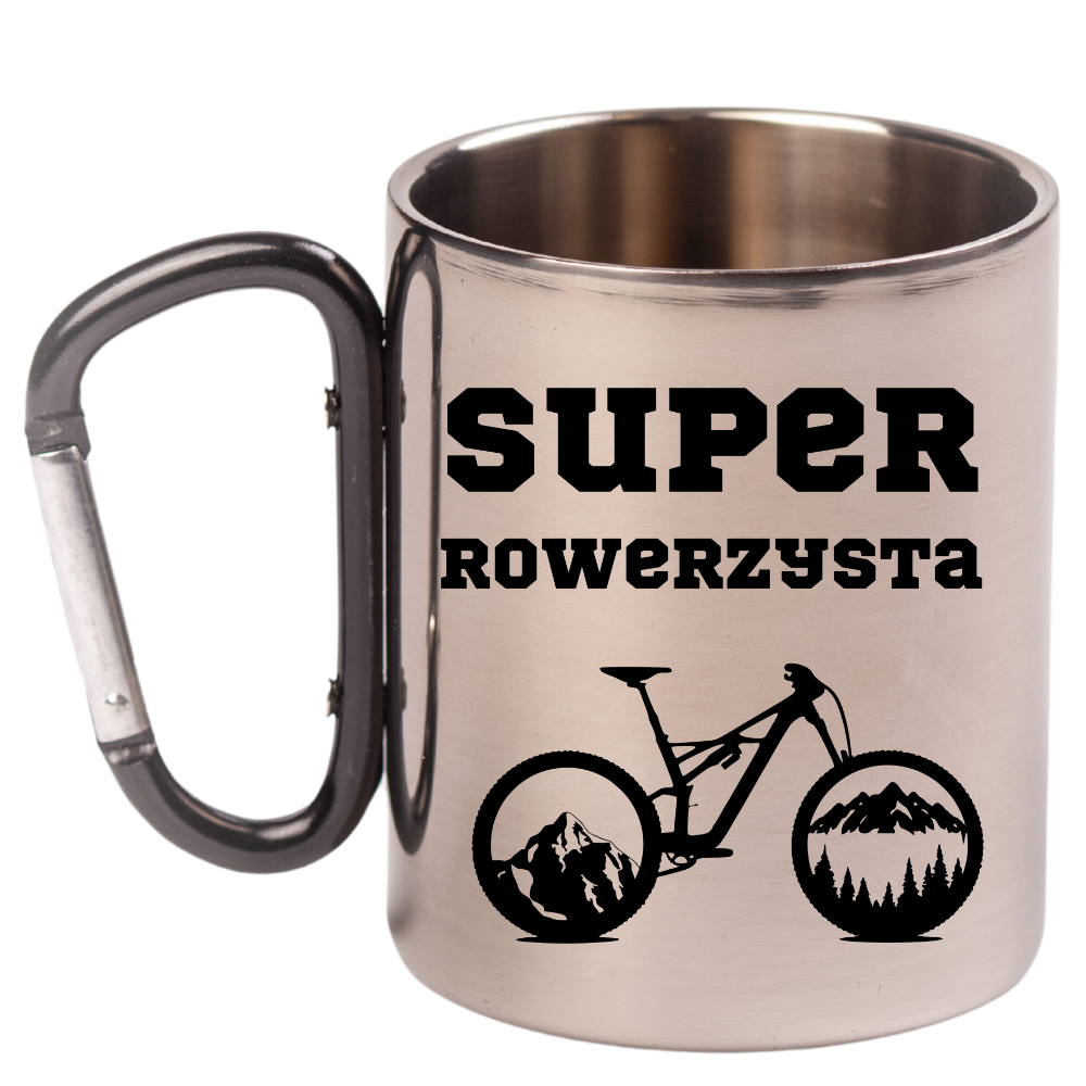 Kubek z czarnym karabińczykiem, nadrukiem „Super Rowerzysta” – dla rowerzysty #7